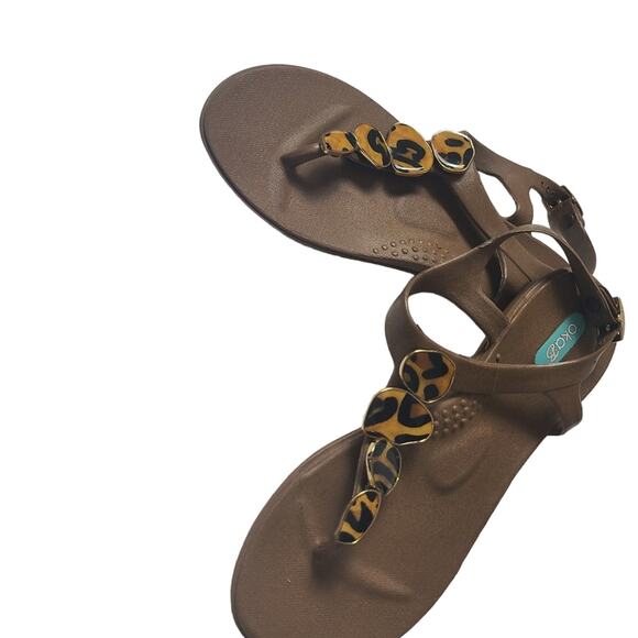 OkaB Sandals 6 Ankle Strap Flat Brown Leopard Button Animal  Summer Beachy Vacay - Picture 4 of 14